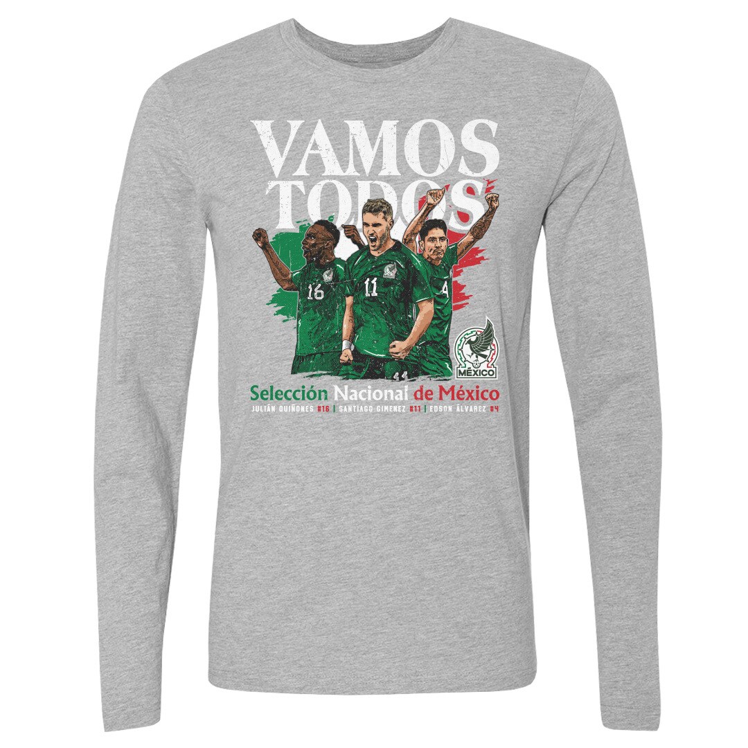 Explore mexico national team 500 level vamos todos julián quiñones santiago giménez amp edson Álvarez long sleeve t-shirt – heather gray – Canada World Cup T-Shirts and Jerseys