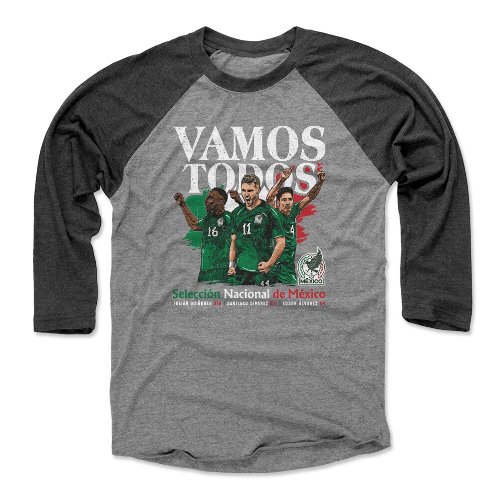 Explore mexico national team 500 level vamos todos julián quiñones santiago giménez amp edson Álvarez raglan 34-sleeve baseball t-shirt – black – Canada World Cup T-Shirts and Jerseys